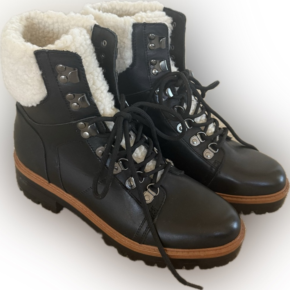 Marc Fisher Isabel Faux Fur Lined Combat Boots Black Leather Women’s 8M NWOT